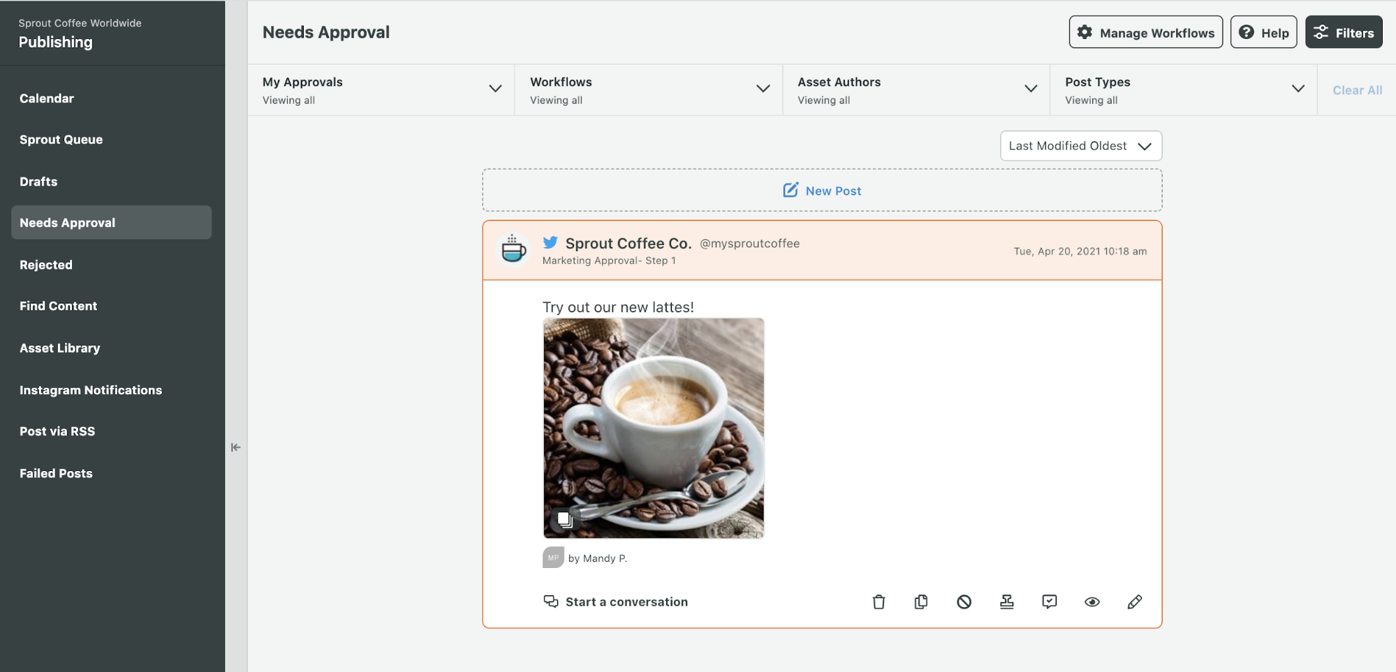 A screenshot of Sprout's Message Approval Workflow featuring a Tweet in need of final sign off.